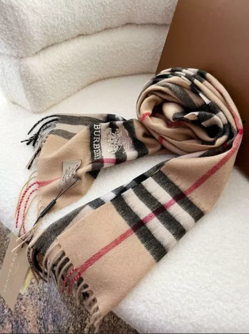 Burberry Classic Beige Checkered Cashmere Scarf with Embroidered Logo - Image 3