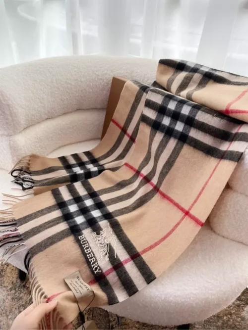 Burberry Classic Beige Checkered Cashmere Scarf with Embroidered Logo - Image 5